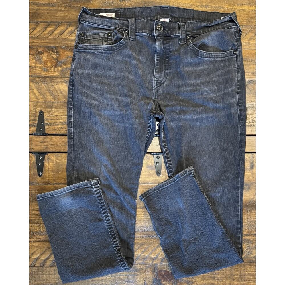 True Religion Ricky Black Mens 38x32 Relaxed Straight Jeans Faded Denim